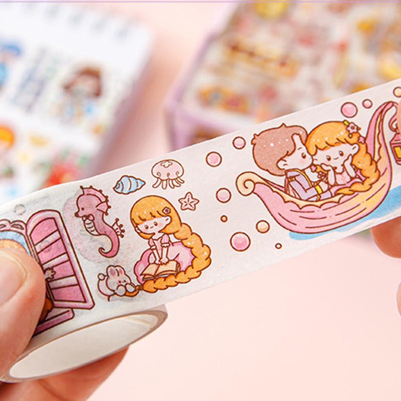 Hộp 8 món băng keo dính Washi tape + sticker dán trang trí sổ lưu niệm DIY hoa tiết hoạt hình cute HB