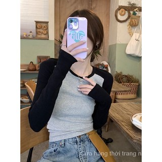 Áo Thun Tay Dài Cổ Tròn Màu Sắc Tương Phản Thời Trang Xuân Thu Cho Nữ