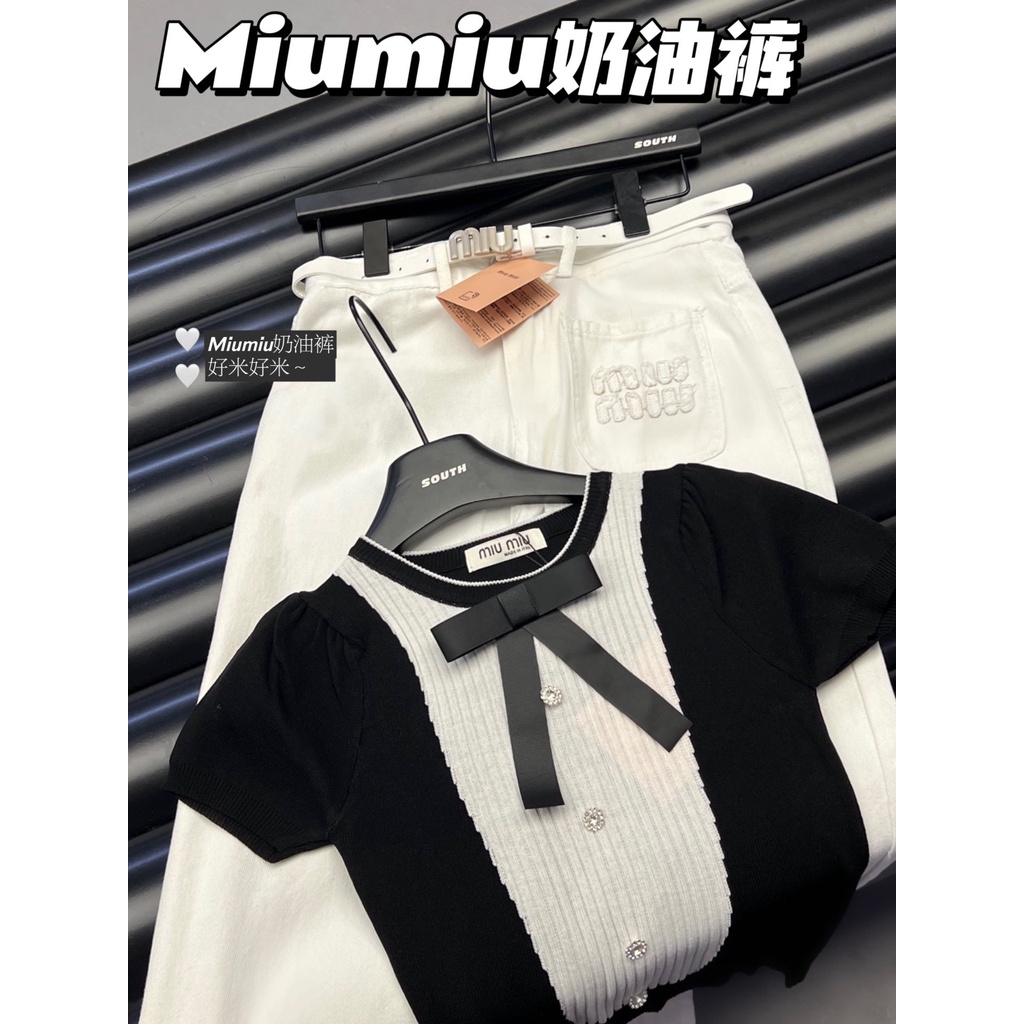 MiuMiu 23 spring and summer new bow decorative color matching top letter embroidery logo Denim straight pants for women slimming