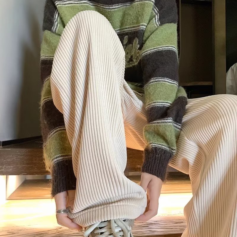 Quần Thể Thao Ống Rộng Vải Nhung Kẻ Thời Trang Thu Đông Cho Nam