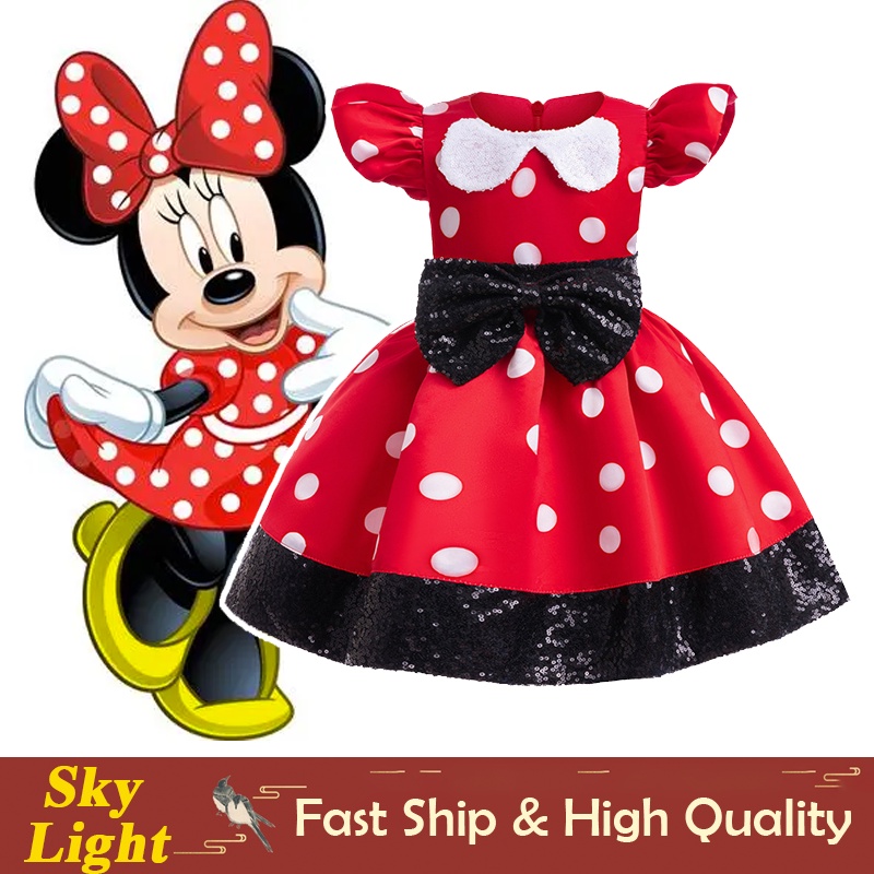 Đầm Lưới Tay Ngắn Họa Tiết Chuột minnie Dễ Thương Cho Bé Gái
