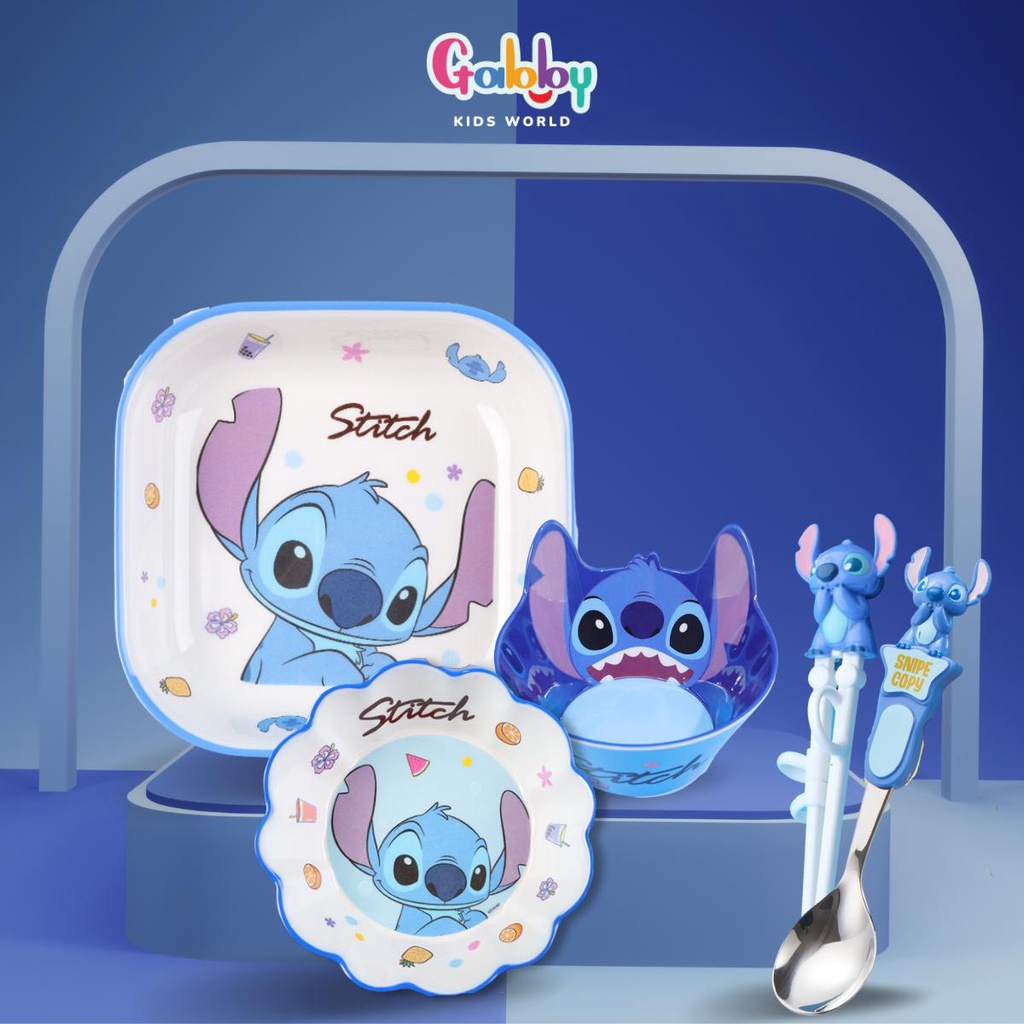Bộ Tô, Ly, Muỗng, Đũa, Nĩa Nhựa Melamine Nhân Vật Stitch Đáng Yêu Cho Bé