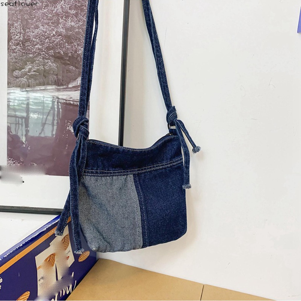 Túi Đeo Chéo Vải denim Mềm Màu Xanh Dương Có Dây Đeo Thời Trang Cho Nữ