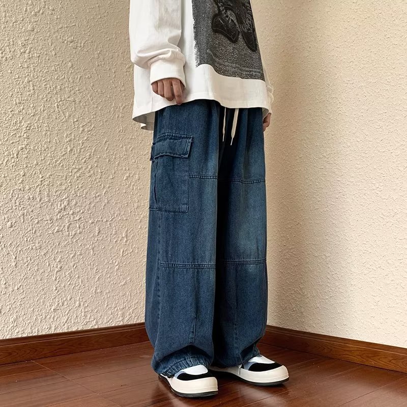 Thời Trang Quần Jean Dài Ống Rộng Màu Trơn Phối Túi Phong Cách hip hop Cá Tính Cho Nam