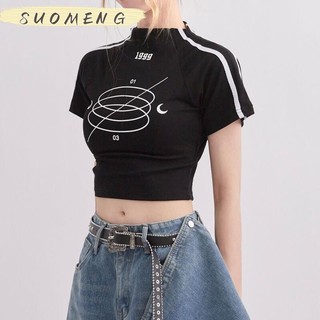SUOMENG Áo croptop áo thun baby tee nữ âu mỹ chất cạp cao Cổ tay ngắn in họa tiết vintageJU2719