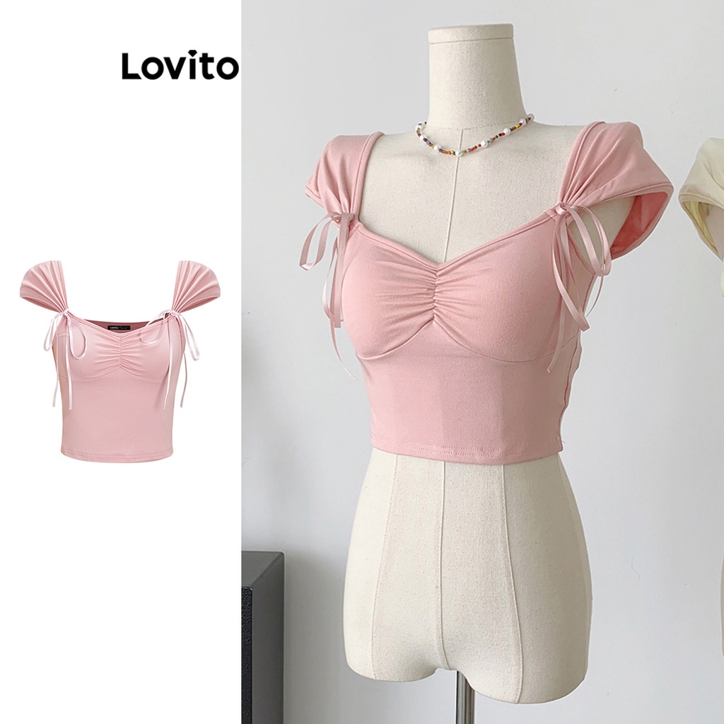 Áo thun Lovito màu trơn xếp ly phối nơ phong cách xinh xắn cho nữ L58AD013 (Hồng)