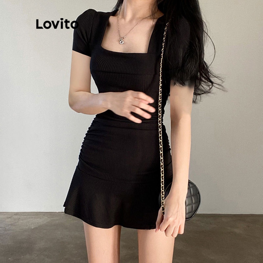 Đầm đen dự tiệc Lovito màu trơn xếp nếp tay phồng thời trang thanh lịch kiểu pháp cho nữ LNE13044 (Đen)