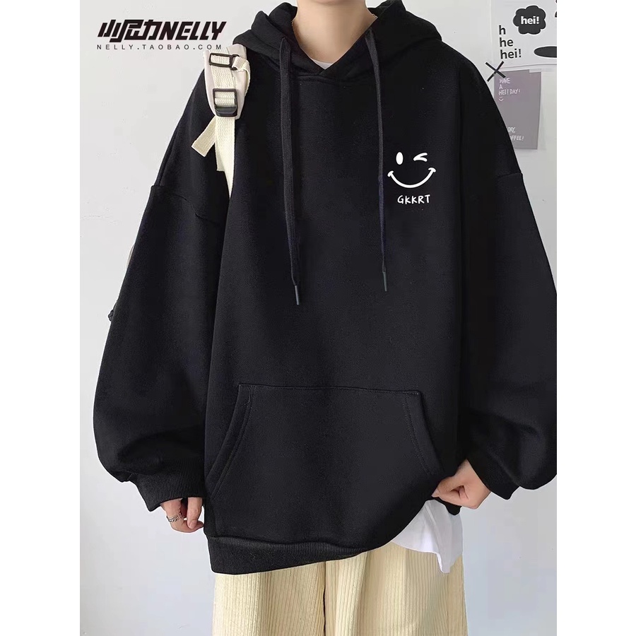 Áo Hoodie Nhung Dày Dặn In Hình Mặt Cười Màu Bạc Phong Cách hong kong Thời Trang Thu Đông Mới Cho Nam Và Nữ
