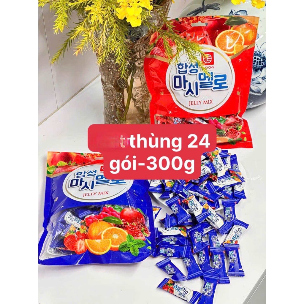 Bịch 300g kẹo trái cây 4 mùa cam, dâu, táo nho maychy