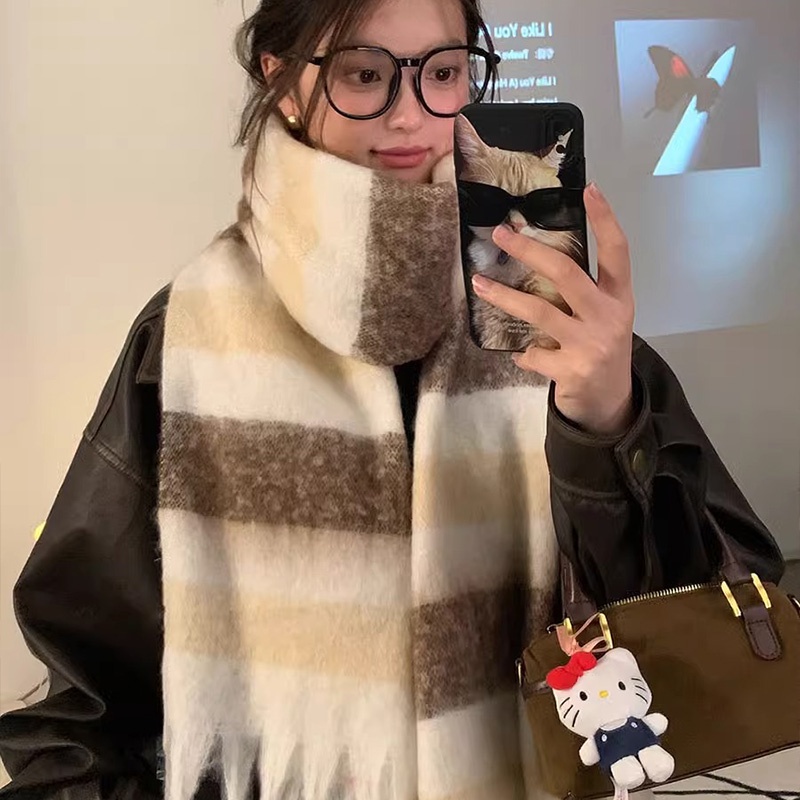 Ghimxiang Khăn Choàng Cổ Dày Ấm Áp Phối Tua Rua Kẻ Sọc Màu Giả cashmere Cao Cấp Đa Ứng Dụng Cho Nữ