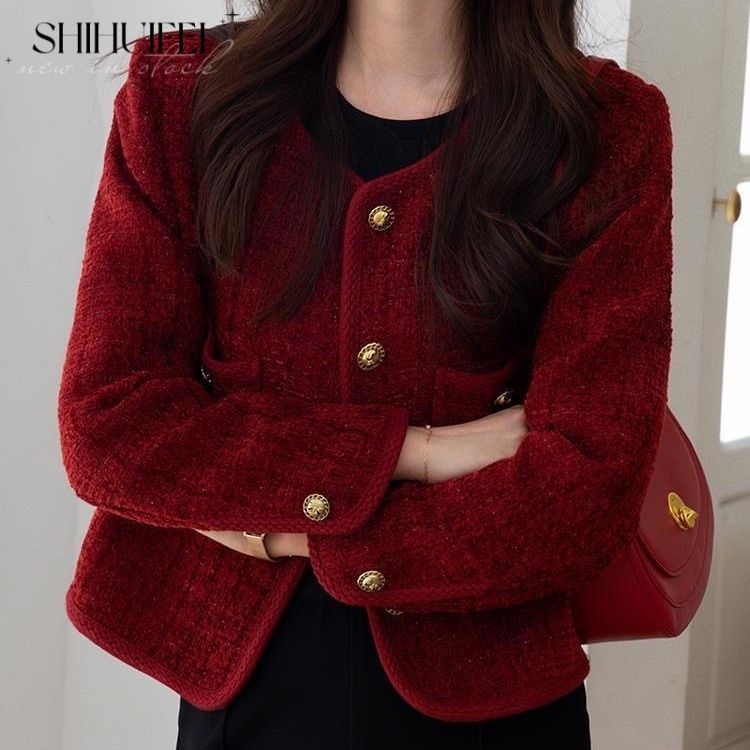 SHIHUIFEI Áo khoác dạ tweed áo dạ tweed đỏ Thoải mái Thanh lịch INS Popular WJK23C00UD 48Z231201