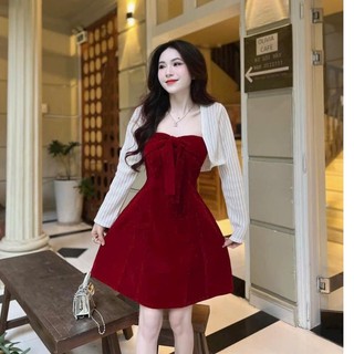Đầm váy nhung cúp ngực kèm áo khoác len đầm nhung đỏ Tết Sét váy nhung đỏ 2 dây sang chảnh Đầm đỏ nhung 2 dây dáng chữ A