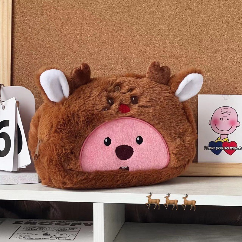 Túi Đựng Bút / Mỹ Phẩm Phủ Lông Họa Tiết Hoạt Hình Màu Hồng beaver loopy Dễ Thương Dành Cho