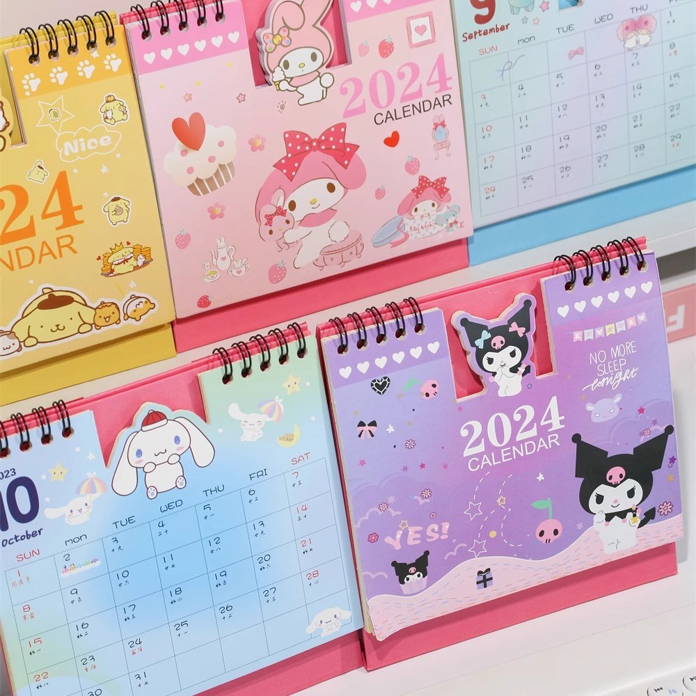 SANRIO Bút Chì Màu Dễ Thương Shin-chan Kuromi Cinnamoroll Họa Tiết Hoạt Hình Lịch Để Bàn 2024 Hàng Ngày Lịch Hàng Tháng Đồ Trang Trí Để Bàn Món Quà Dễ Thương -top3C01