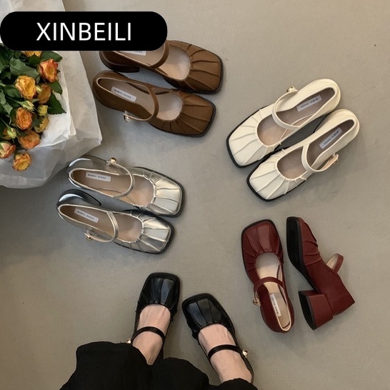 XINBEILI Giày búp bê Mary Jane   FBL23903DA 39Z230930 đế bệt có quai da mềm êm ái đế chống sốc điệu đà cho nữ