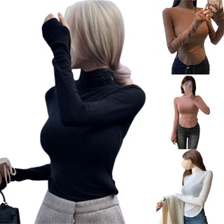 Áo thun cổ rùa biển dành cho nữ màu trơn Chia không đều Slim Basic Áo thun chui đầu hàng đầu