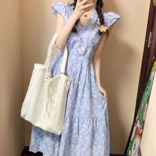 Đầm Ôm Eo Cao Vừa Vặn Tay Bay Nhỏ Thêu Họa Tiết kikyu Lãng Mạn Cổ Điển Cho Nữ