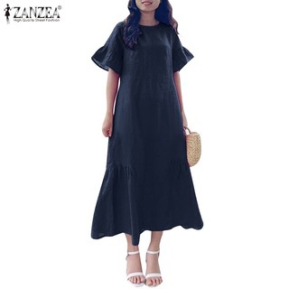 Zanzea Đầm Chữ a Tay Ngắn Cổ Tròn Hở Vai Phong Cách Hàn Quốc Cho Nữ