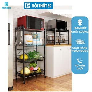 Kệ lò vi sóng đa năng điều chỉnh chiều rộng, kệ kếp co giãn khung thép carbon cao cấp có bánh xe di chuyển