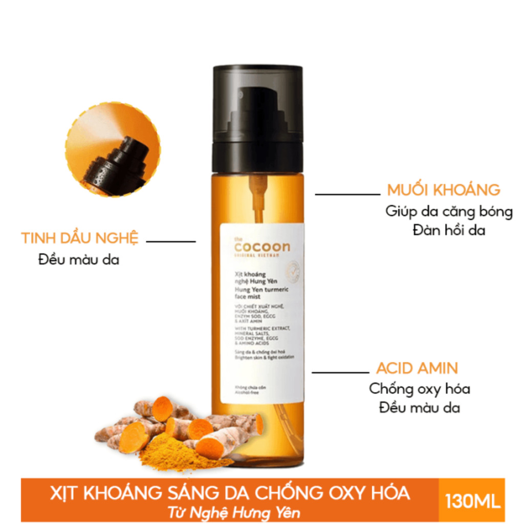 Xịt Khoáng Nghệ Hưng Yên Cocoon Hung Yen Turmeric Face Mist Giúp Sáng Da, Cấp Ẩm, Giữ Lớp Make Up Bền Màu 130ml