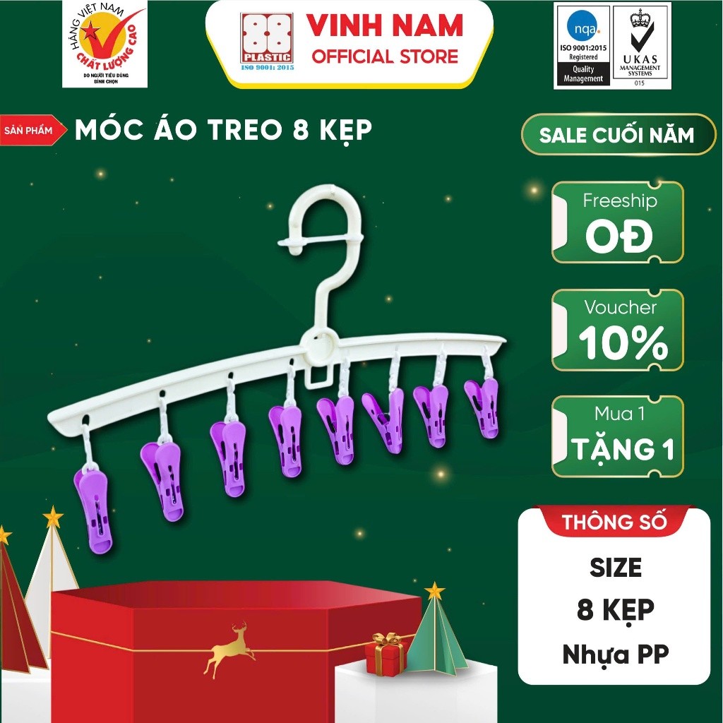 Móc Áo Treo 8 Kẹp Vinh Nam Plastic Chất Liệu Nhựa PP, Bền Bỉ, Dễ Dàng Sử Dụng Nhiều Màu Mã 291
