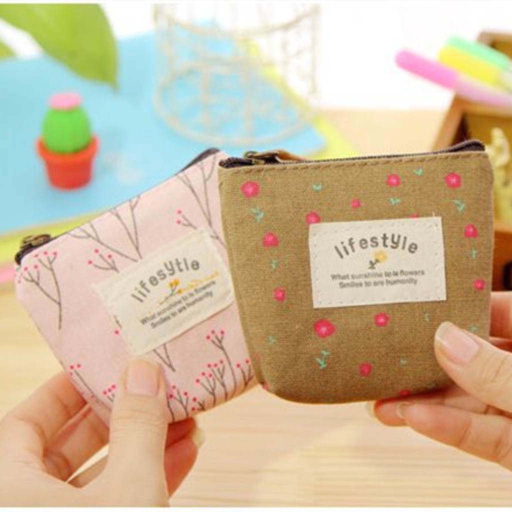 Túi Vải canvas mini Họa Tiết Hoa Đựng Chìa Khóa