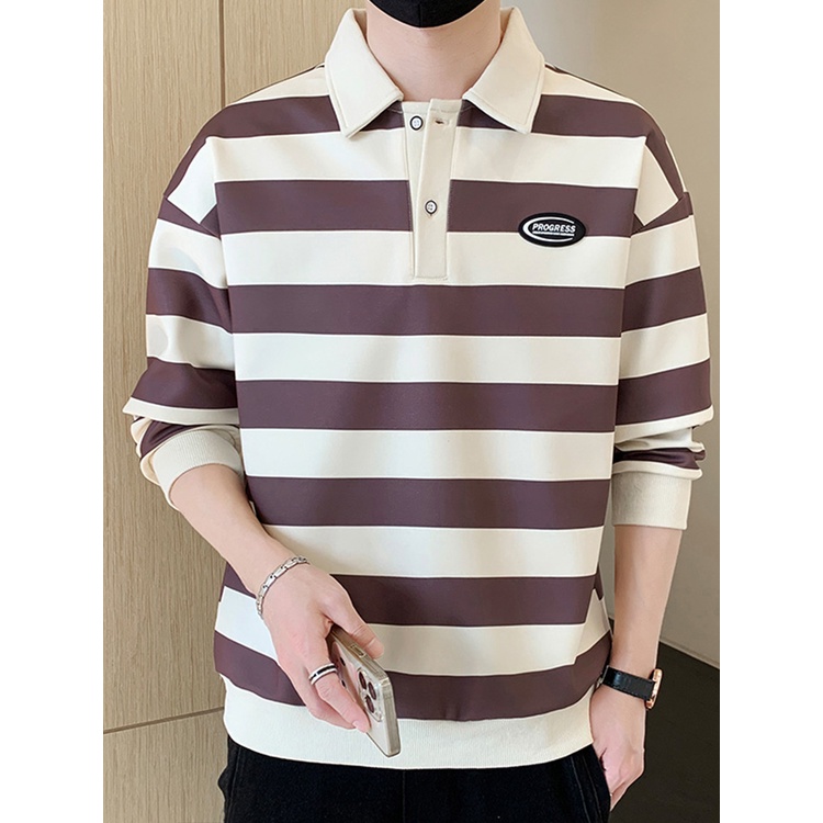 Áo Thun polo Dài Tay Họa Tiết Kẻ Sọc Phong Cách Đường Phố Thời Trang Mùa Xuân Cho Nam