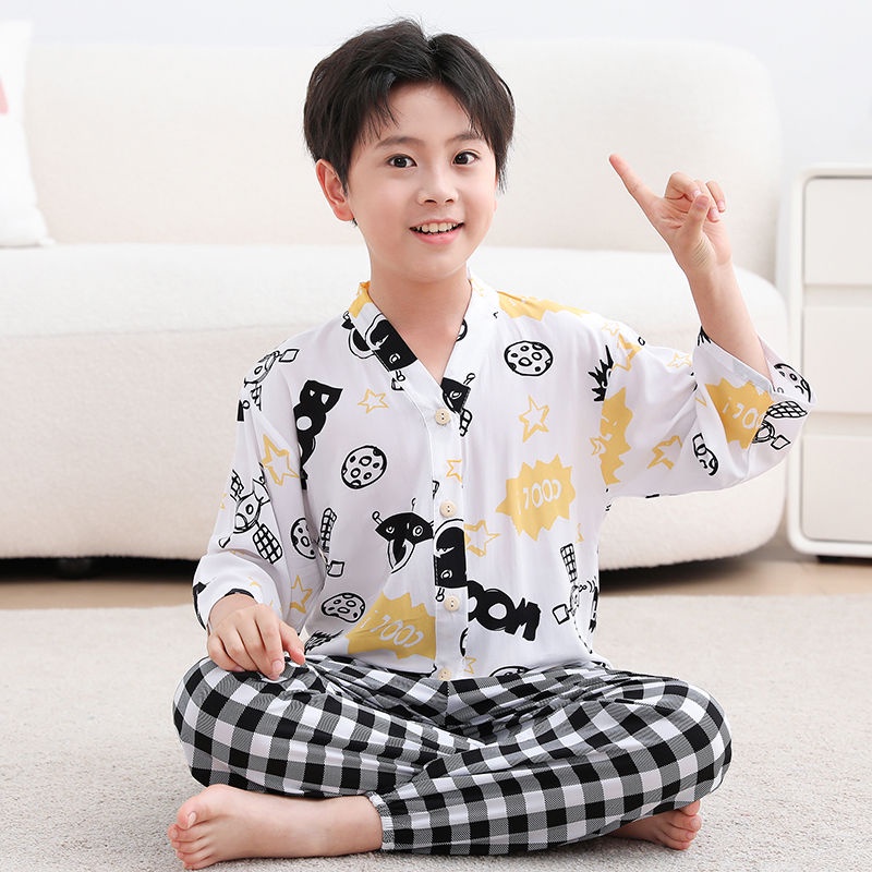 Bộ Đồ Ngủ Pijama Tay Dài Bằng Vải Lụa cotton Thời Trang Mùa Hè Dành Cho Bé Trai 80-175cm