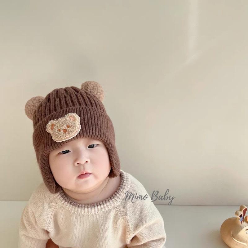 Mũ len cừu 2 quả bông hình mặt gấu cho bé