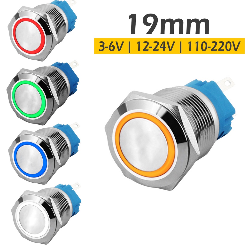 Công tắc kiểu nút nhấn tự khóa 19mm 3-6V, 12-24V, 110-220V Vỏ INOX không thấm nước