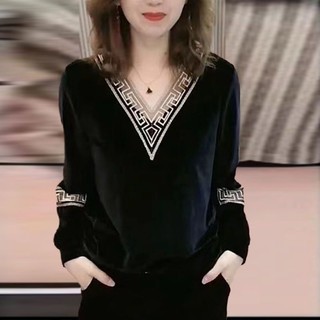  Plus Áo Thun Tay Dài Vải Nhung Dáng Rộng Thời Trang Xuân Thu Cho Nữ 