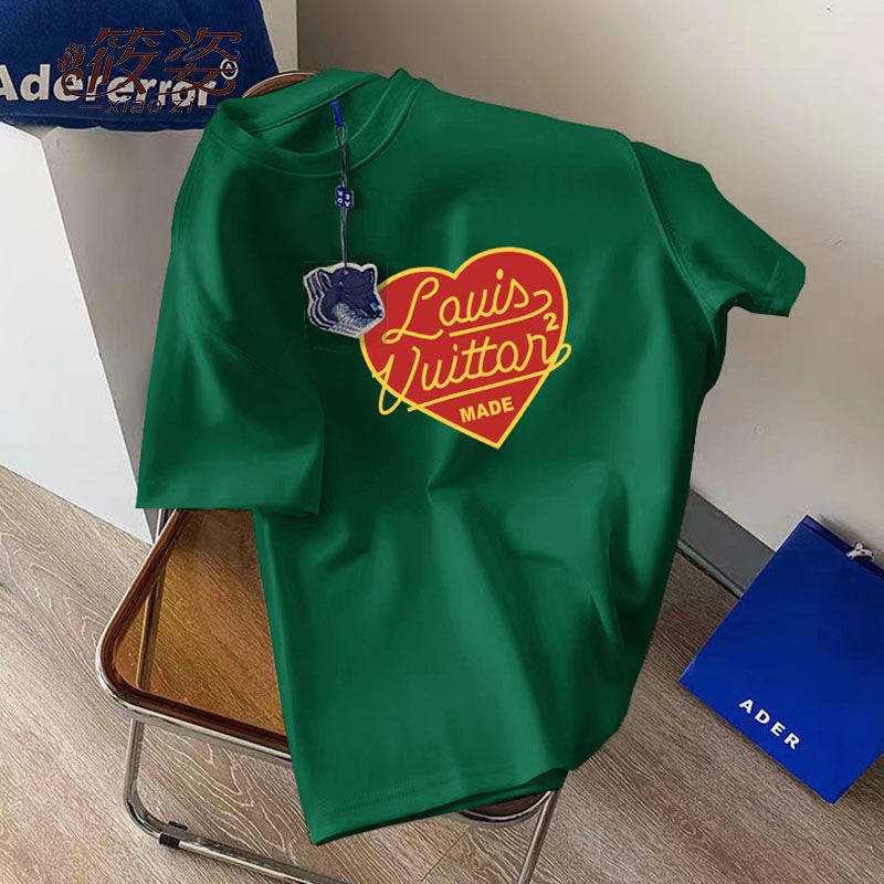 Áo Thun Tay Ngắn Cổ Tròn Dáng Rộng In Hình Trái Tim Phối Thẻ Thời Trang Mùa Hè Cho Nam Và Nữ