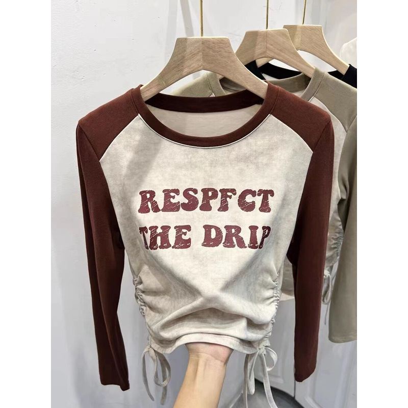 Áo Thun Tay Dài Dáng Ôm Màu Sắc Tương Phản Phối Dây Rút Thời Trang Mùa Thu Cho Nữ
