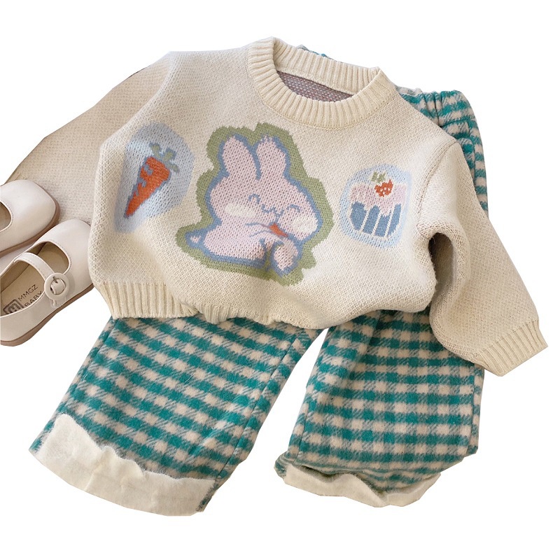Aiyaya Bộ Áo sweater Dệt Kim In Thỏ Hoạt Hình Phối Quần Dài Thời Trang Thu Đông Cho Bé Gái（1016 ）
