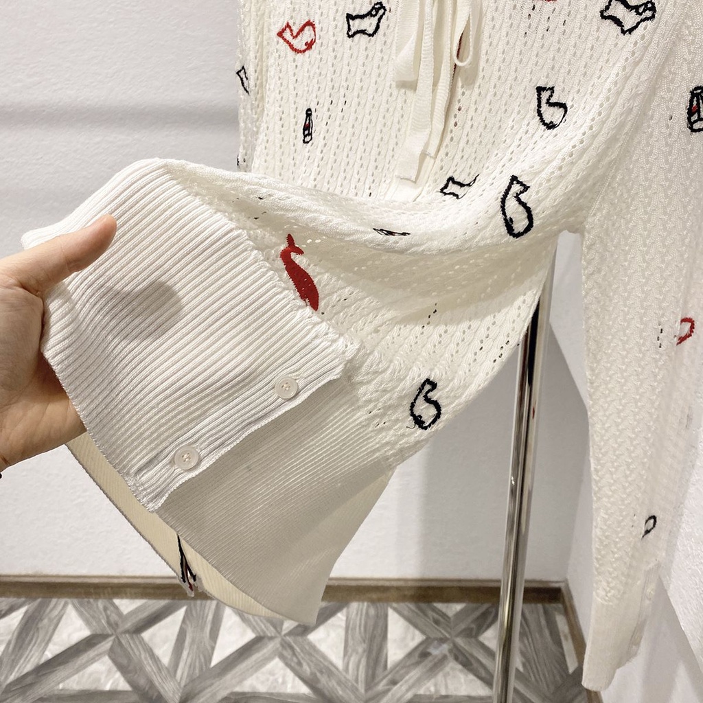 QWZM Thom Browne 2023 autumn new long-sleeved Polo collar ribbon animal embroidery knitted cardigan women's fashion age-reducing top