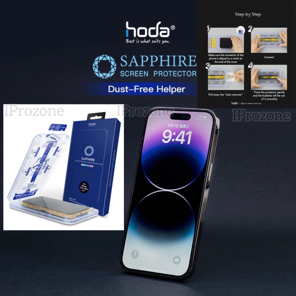 Kính cường lực Hoda Sapphire nguyên khối kèm khung trợ dán cho IPhone 15 , 15 Pro Max , 15 Pro , 14 Pro Max , 13 Pro Max