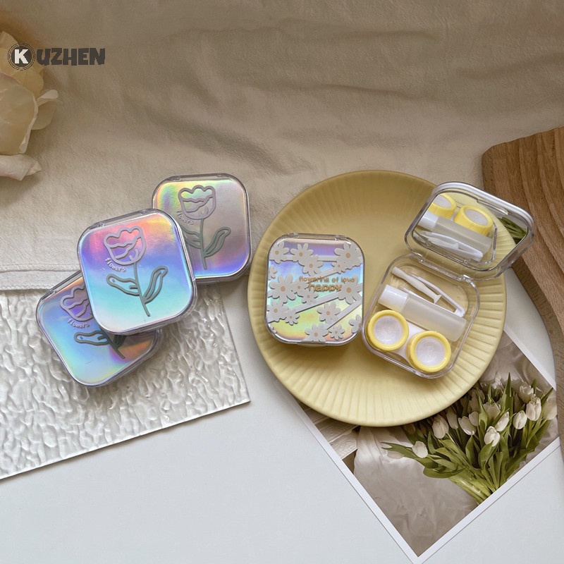 Kuzhen Hộp Đựng Kính Áp Tròng Màu laser Có Gương Làm Đẹp Thích Hợp Khi Đi Du Lịch