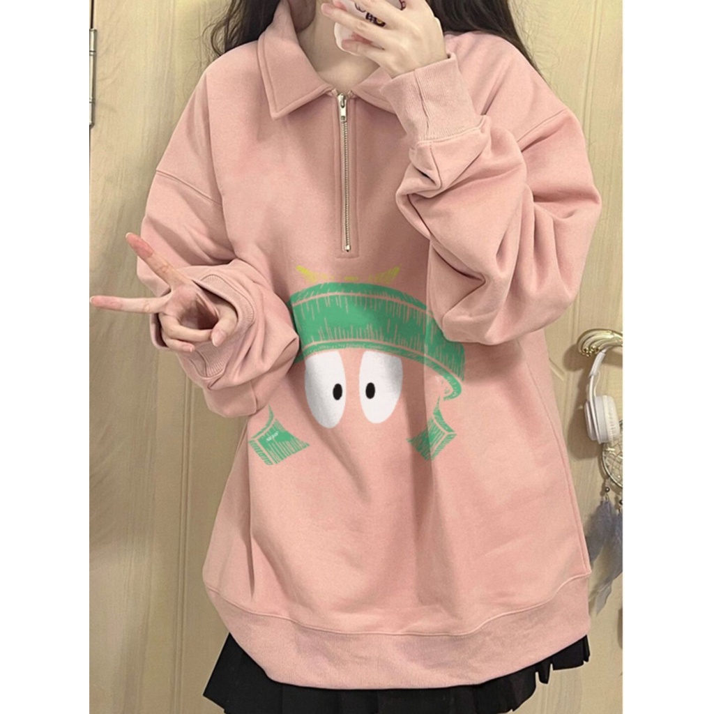 Áo sweater Cổ polo Có Khóa Kéo Nửa Thân Màu Hồng Thời Trang Thu Đông Cho Nữ