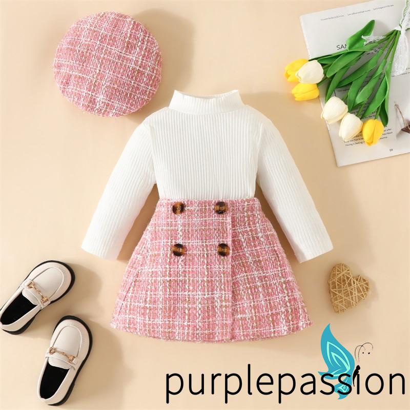 Purplepassion set Đồ 3 Món Gồm Áo Tay Dài Màu Trơn Có Gân Kẻ Sọc Caro Và Chân Váy Thời Trang Cho Bé Gái