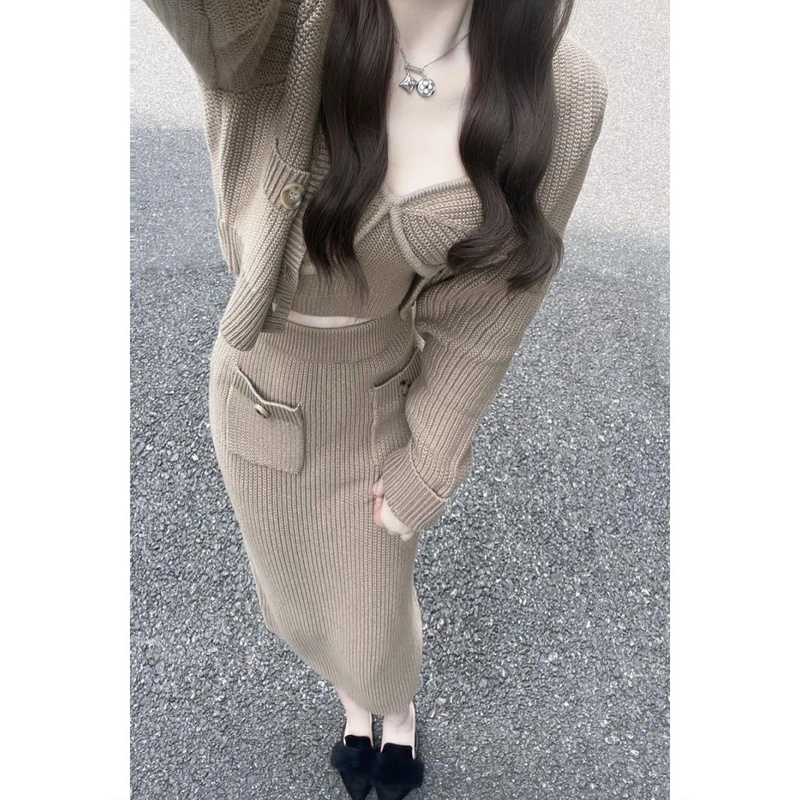 Bộ Áo cardigan Dệt Kim Ba Mảnh Dáng Ôm + Chân Váy Lửng Thời Trang Dành Cho Nữ