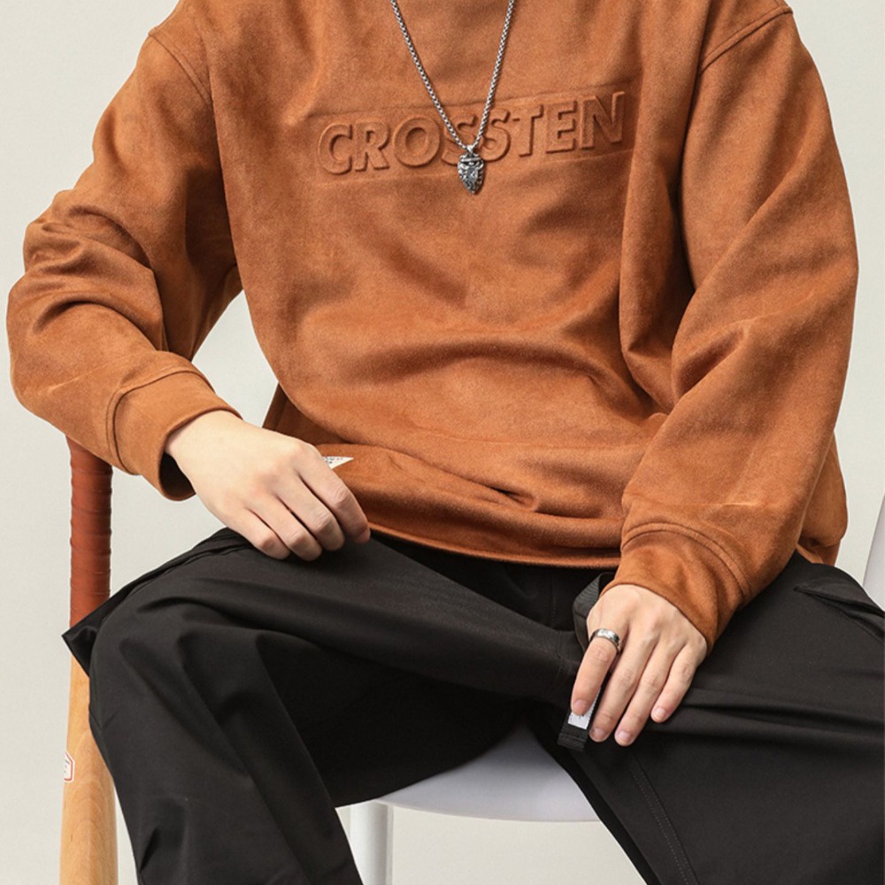 Áo sweater da lộn cổ tròn dáng rộng thời trang thu đông dành cho nam giới