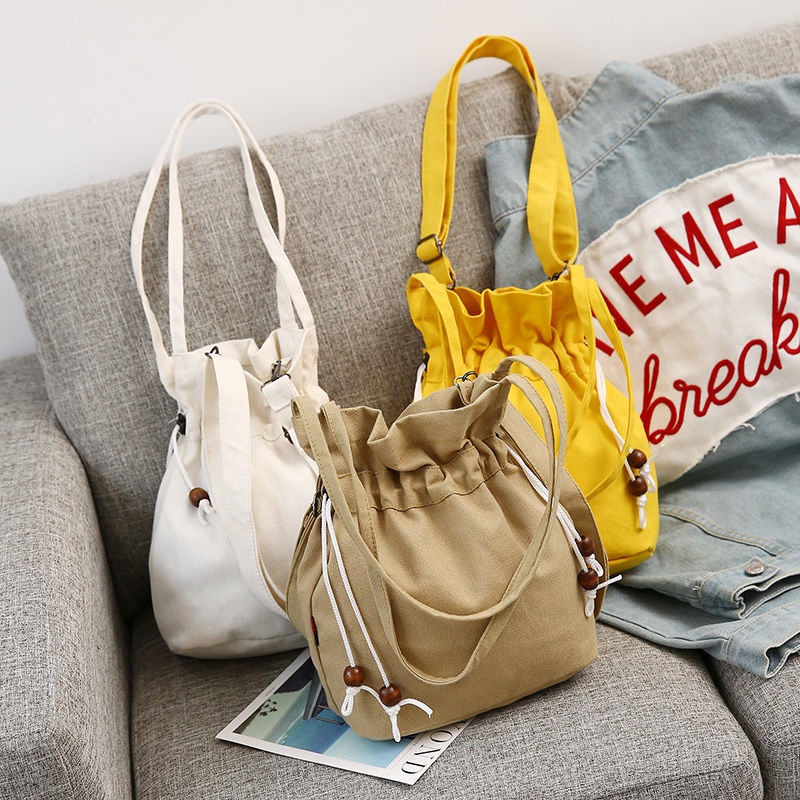 Túi canvas Dây Rút Xỏ Hạt Gỗ Phong Cách Hàn Quốc Dễ Phối Đồ Cho Nữ