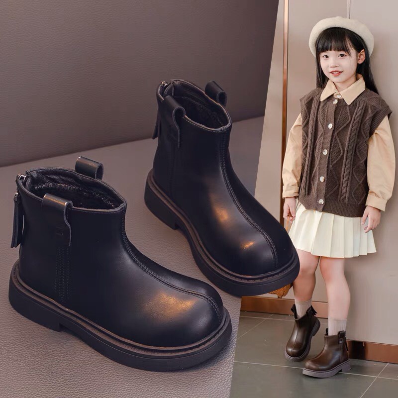 Giày bốt da PU trơn đơn giản cho bé gái- Giày boots siêu nhẹ cho bé đi học đi chơi  cổ cao êm chân khóa kéo 6992