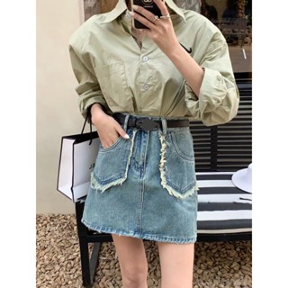 Chân váy jean chữ a váy bò ngắn lưng cao tui hộp kèm quần trong JENNIE STORE  A9