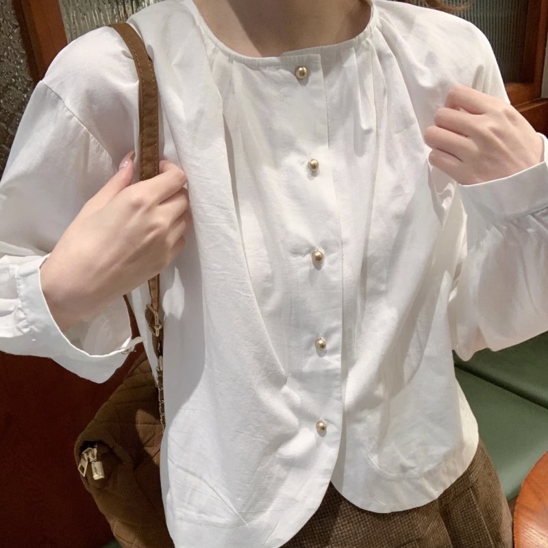 Liên Kết Liên Kết Với Nhau ♥ Áo Sơ Mi Tay Dài Cổ Tròn Màu Sắc Đơn Giản Phong Cách Hàn Quốc Thời Trang Cho Nữ