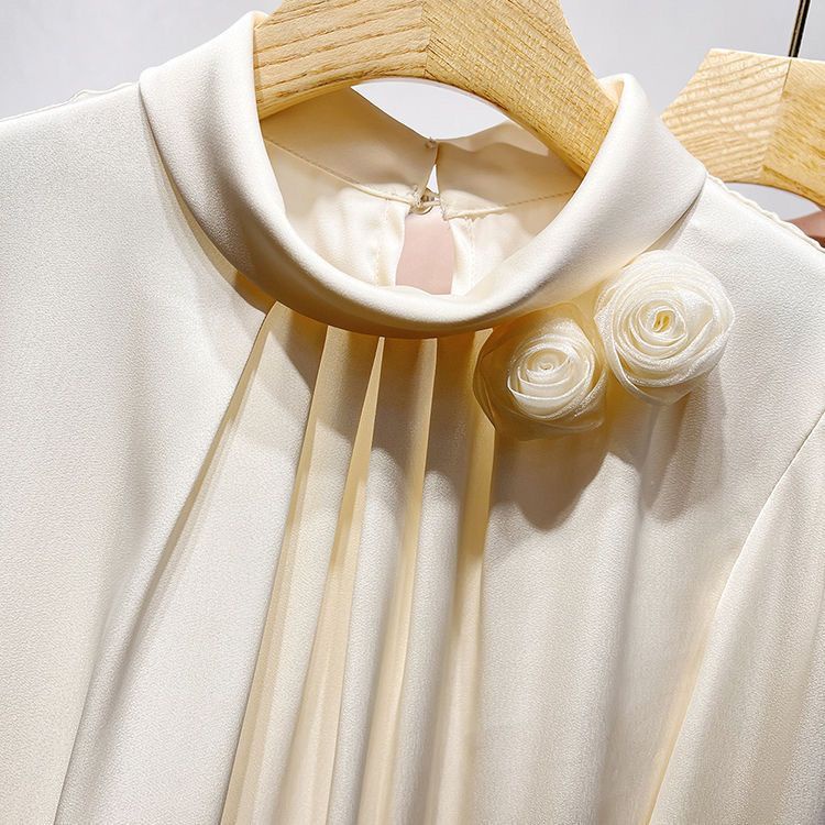 Áo Sơ Mi Cổ Đứng Màu Trơn Họa Tiết Hoa Ba Chiều Cho Nữ