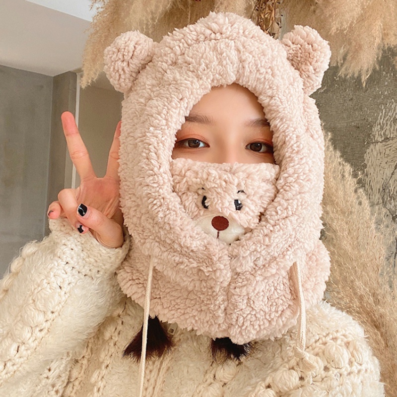 Mũ beanie Lông Cừu Dày Dặn Giữ Ấm Tai Kèm Mặt Nạ Hình Gấu Hoạt Hình Dễ Thương Cho Nữ