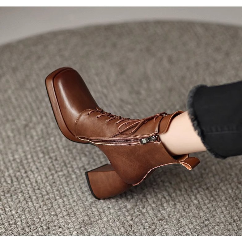 Giày Bốt Cao Gót Mũi Vuông Cột Dây Chống Thấm Nước Thời Trang Cá Tính Cho