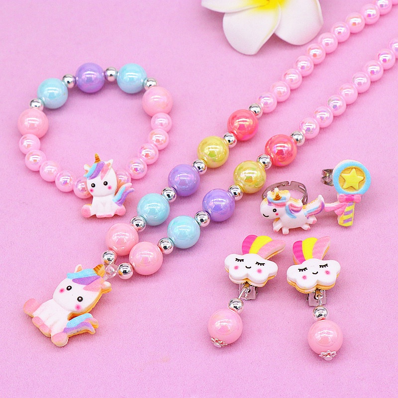 Bộ Trang Sức 8 Món Họa Tiết Kỳ Lân Cầu Vồng Hoạt Hình Dễ Thương Cho Bé Gái