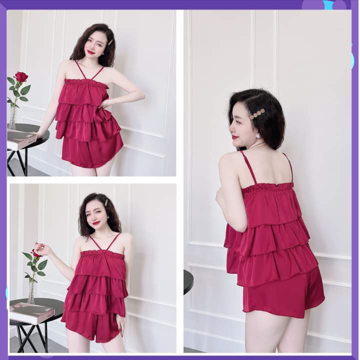 Đồ ngủ sexy nữ, Bộ đồ ngủ hai dây, Bộ ngủ đùi satin freesize 54kg - CN160